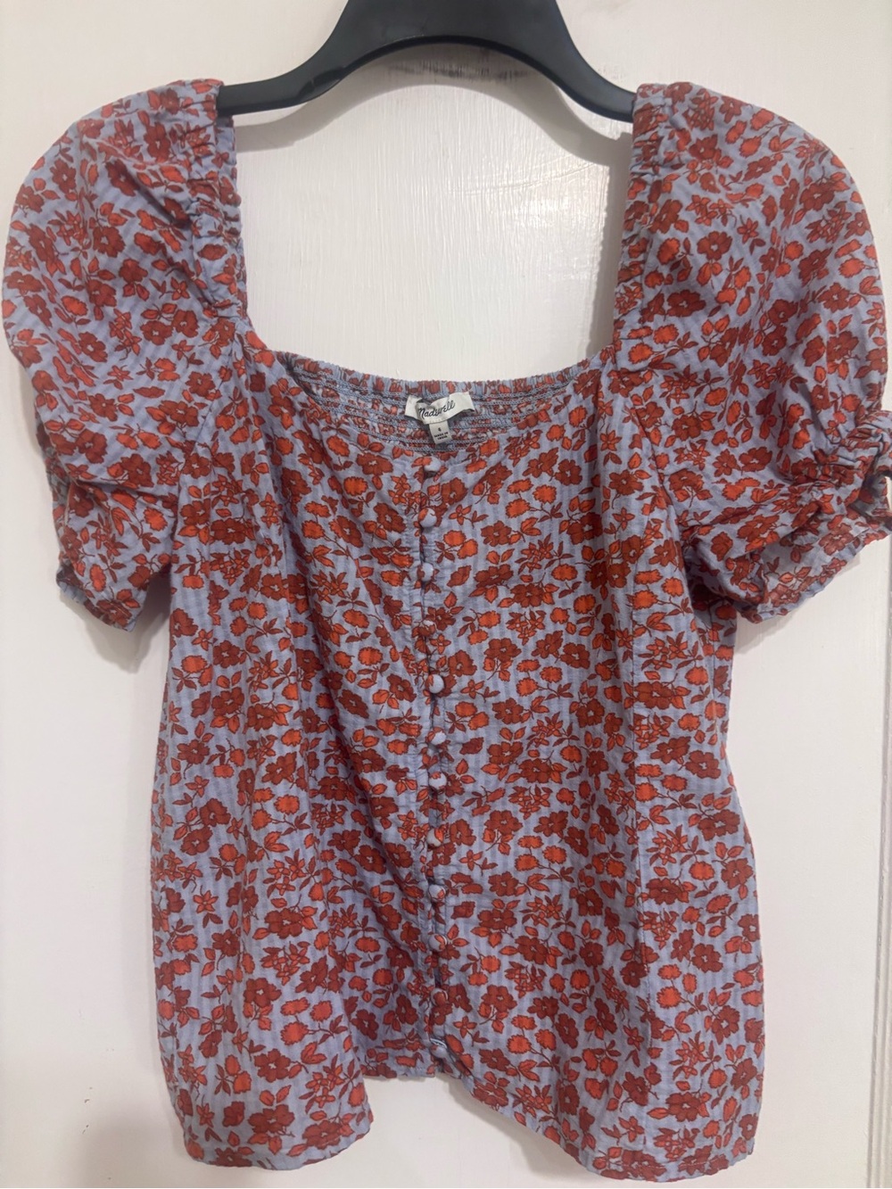 Madewell Floral Puff-Sleeve Square Neck Top - Rust Floral on Light Blue